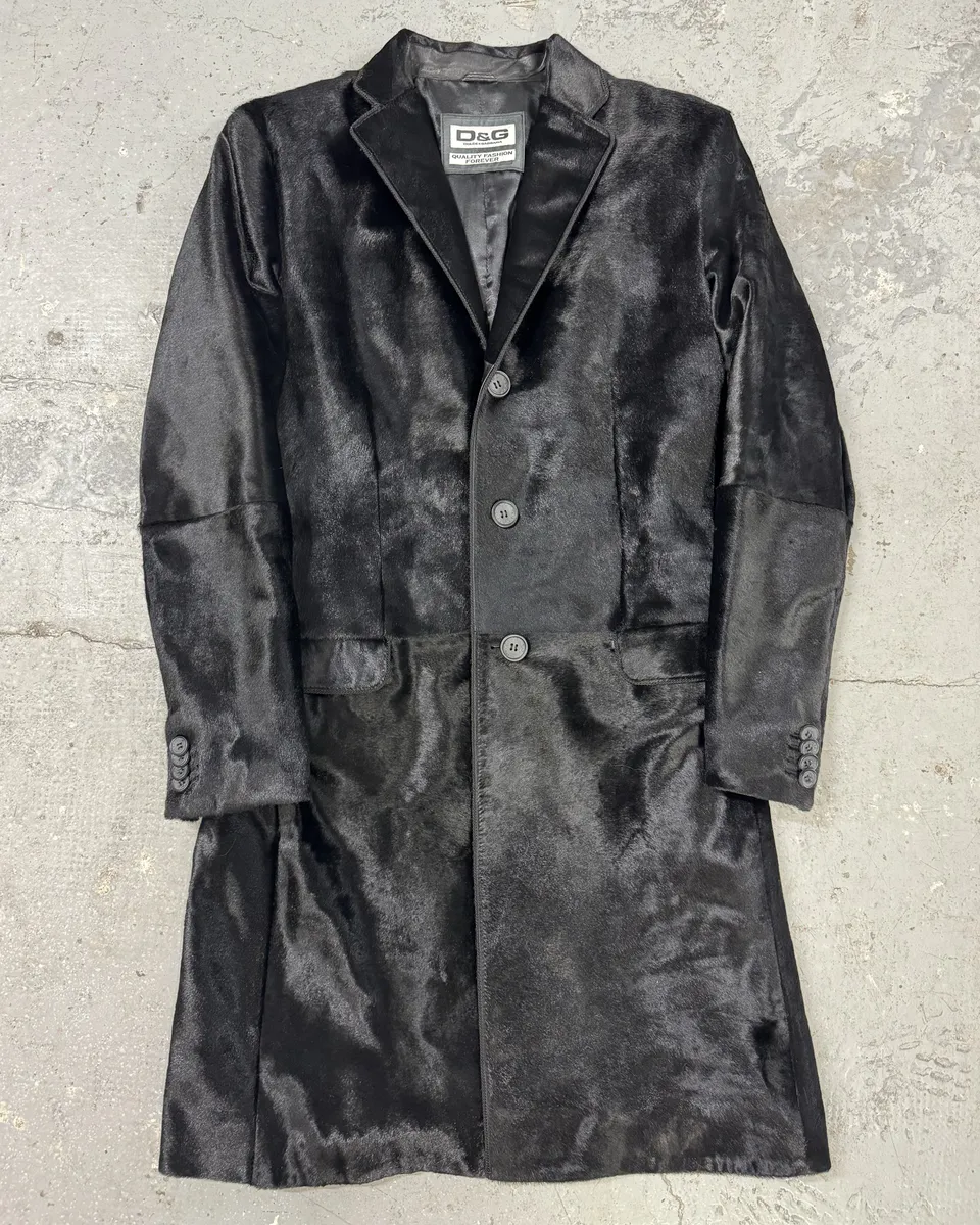 FW2007 Dolce & Gabbana Black Pony Hair Long Trench Coat Jacket