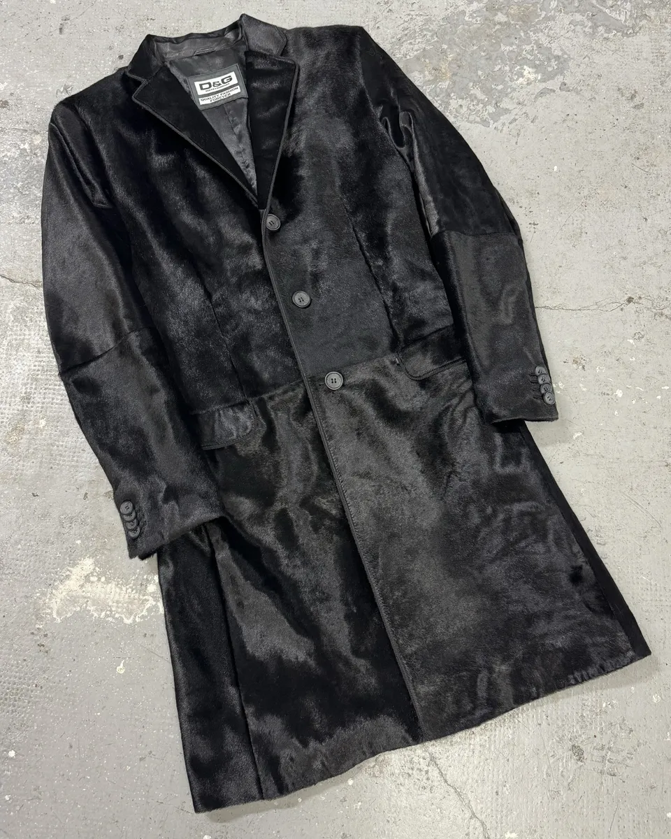 FW2007 Dolce & Gabbana Black Pony Hair Long Trench Coat Jacket - Image 6