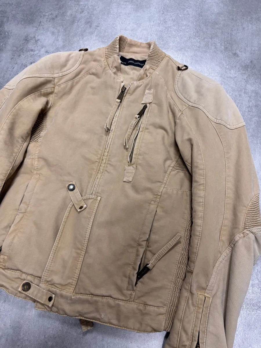 FW2007 Dsquared2 Biker Reinforced Beige Denim Jacket - Image 2