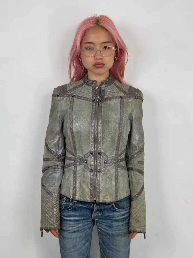 FW2010 Cavalli Faded Grey Studded Leather Jacket - Image 2