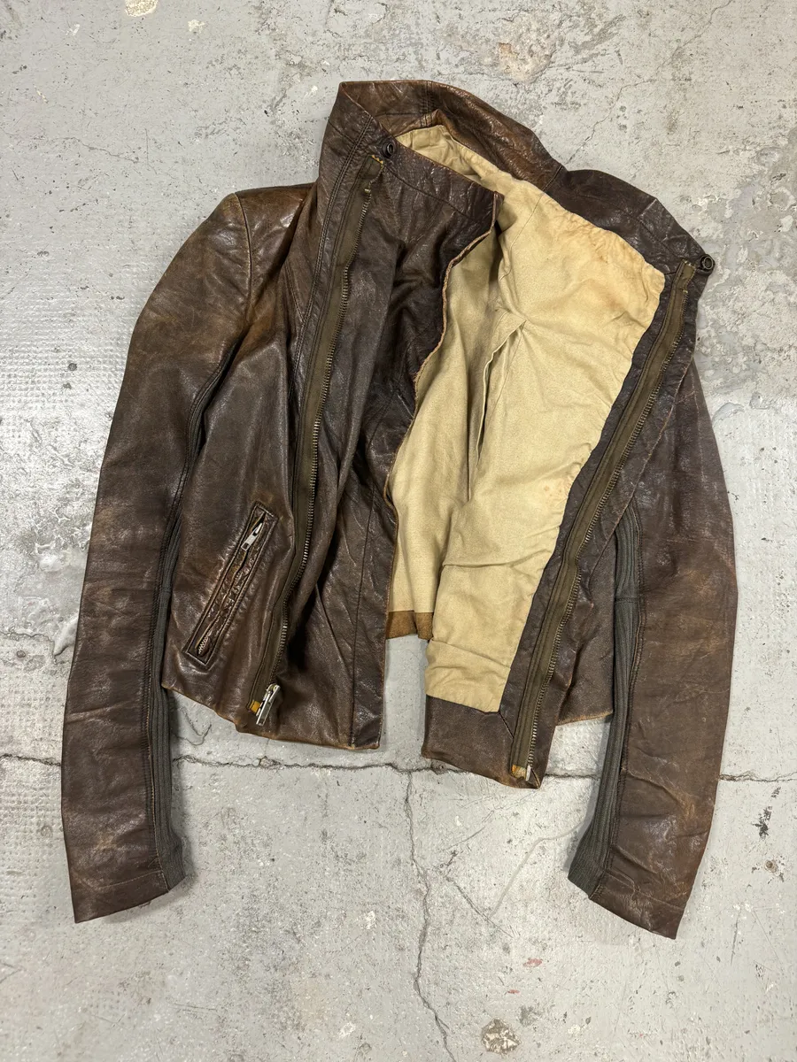 FW2010 Rick Owens Tumbled Stoned Brown Hybrid Leather Jacket - Image 4