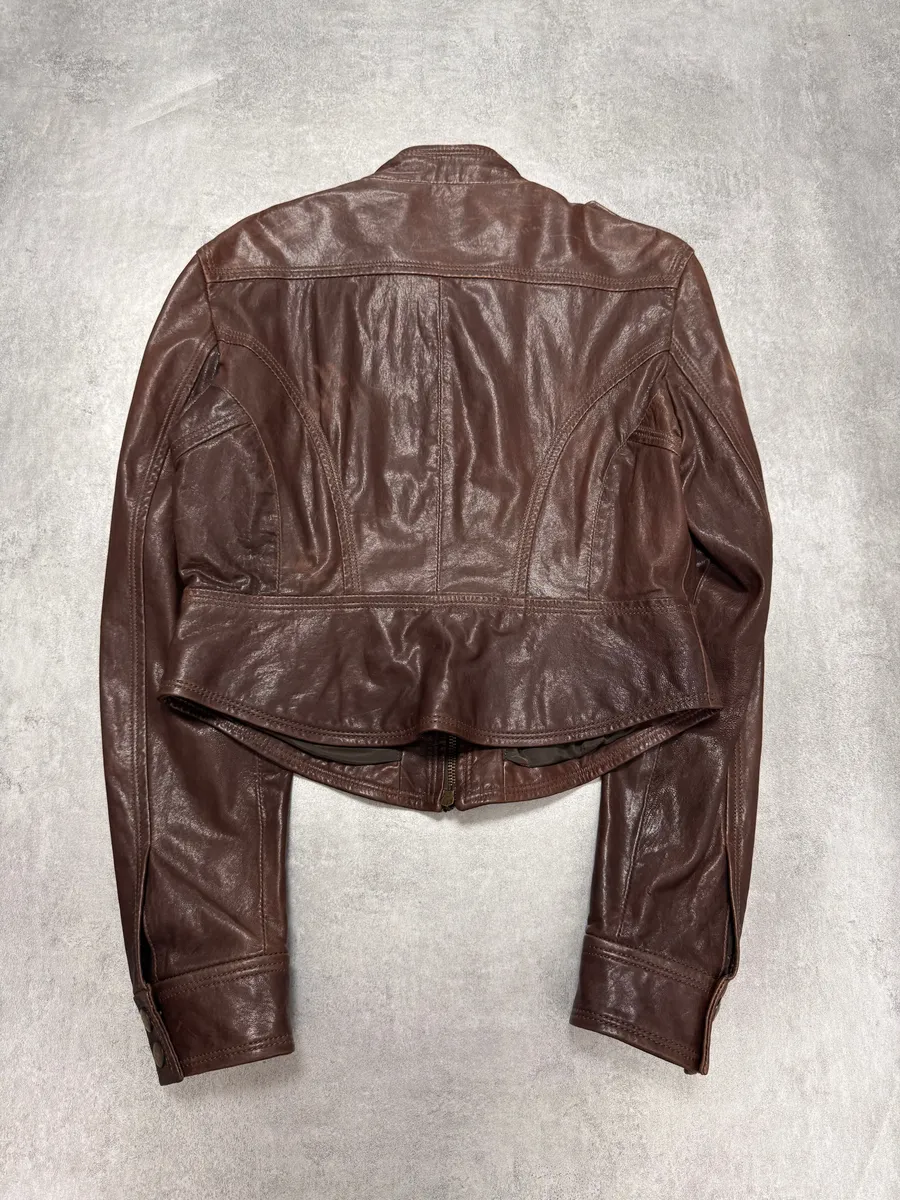 FW2011 Cavalli Cropped Brown Leather Jacket - Image 5