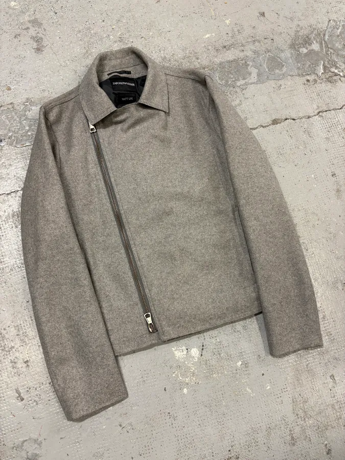FW2011 Emporio Armani Asymmetrical Biker Grey Wool Jacket - Image 4