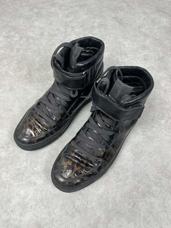 FW2012 Yves Saint Laurent Black Leopard High Leather Sneakers - Image 4
