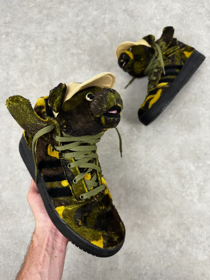 FW2013 Adidas x Jeremy Scott Khaki Plush Camo Bear Sneakers - Image 2
