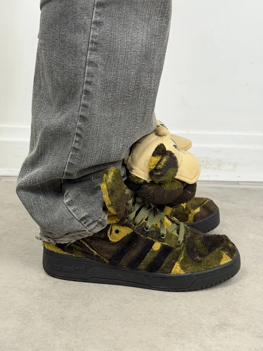 FW2013 Adidas x Jeremy Scott Khaki Plush Camo Bear Sneakers - Image 4