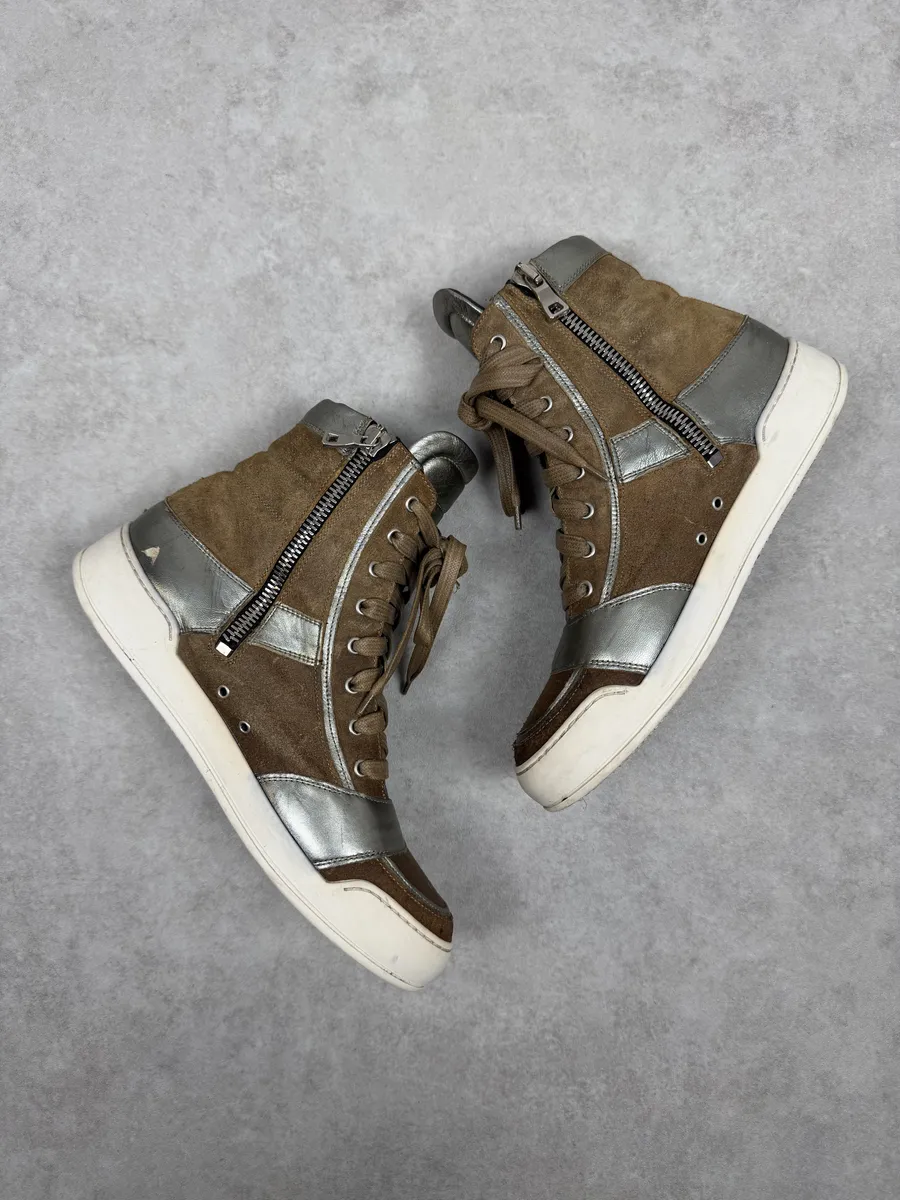 FW2013 Balmain Brown & Silver High Suede Leather Sneakers - Image 2