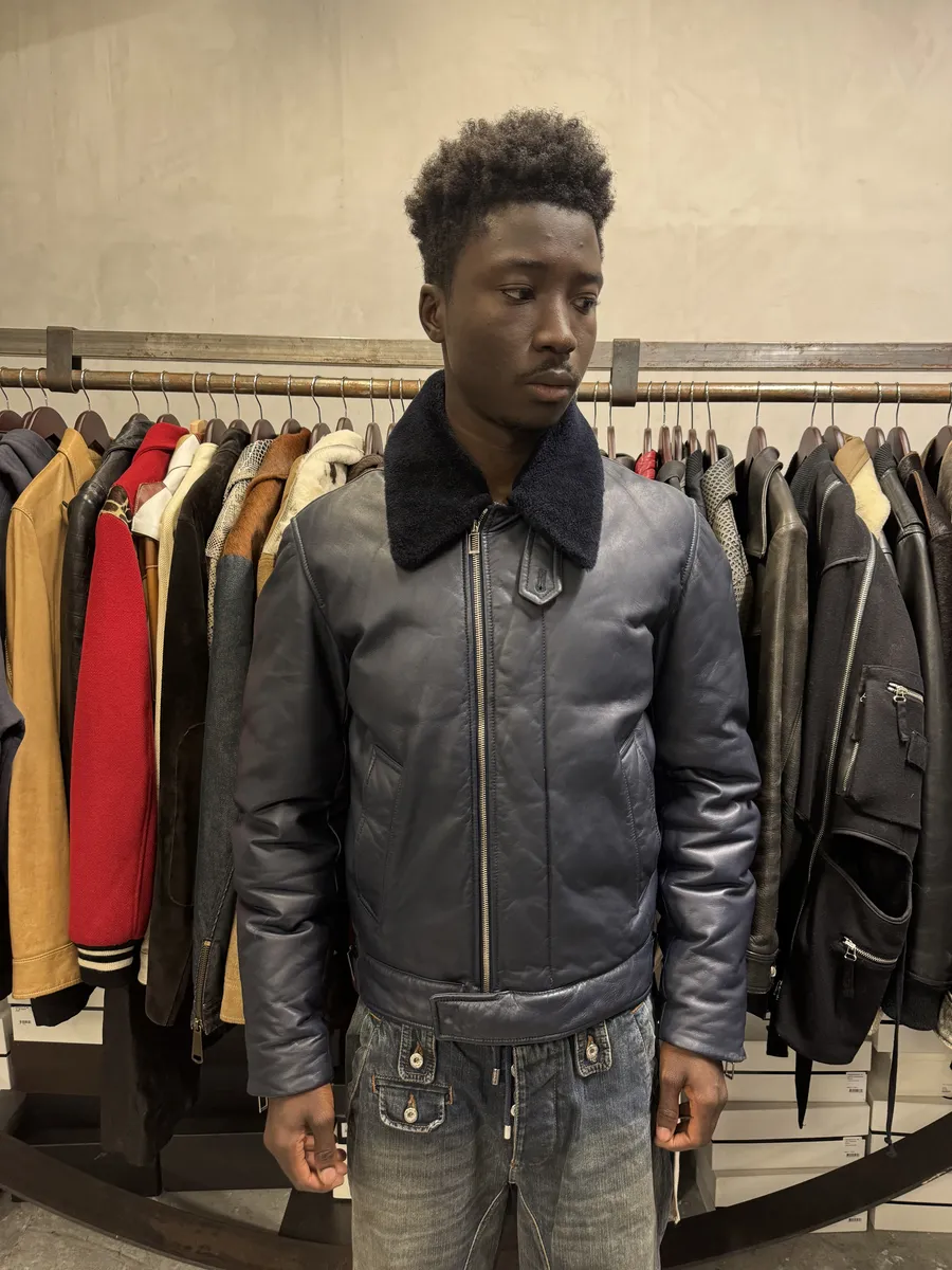 FW2013 Dior Navy Asymmetrical Lambskin Leather Bomber Jacket by Kris Van Assche - Image 4