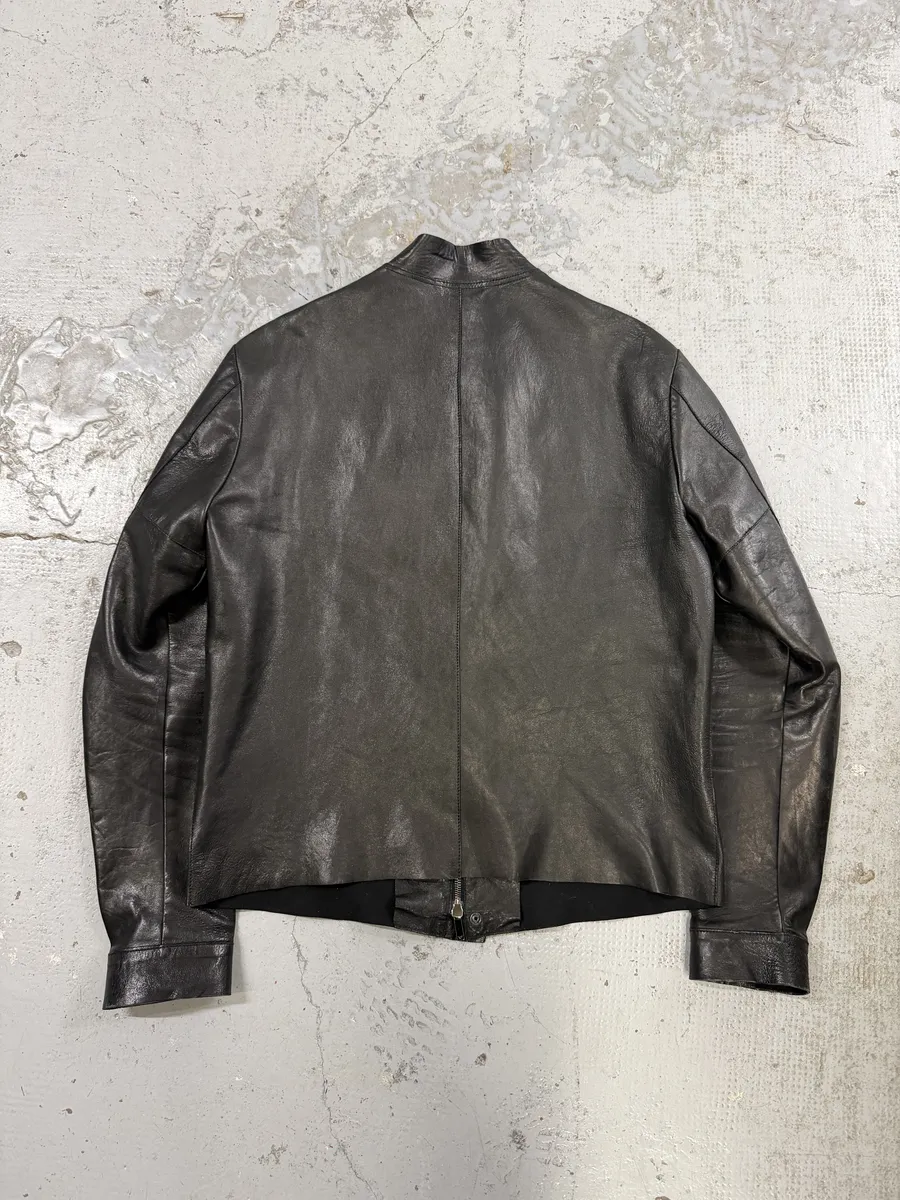 FW2013 Emporio Armani Avant-Garde Buttoned Black Leather Jacket - Image 2