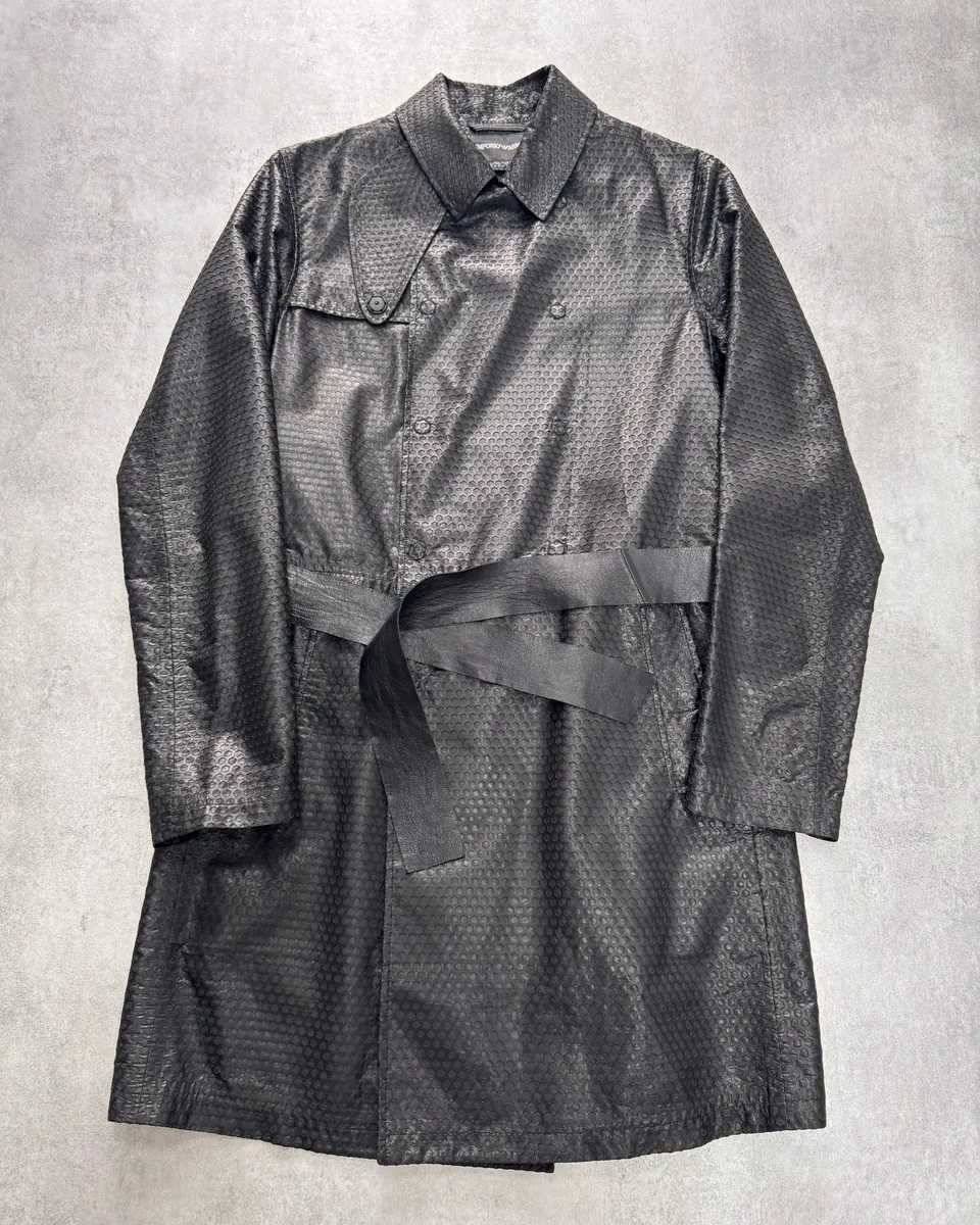 FW2013 Emporio Armani Honeycomb Black Leather Trench Coat