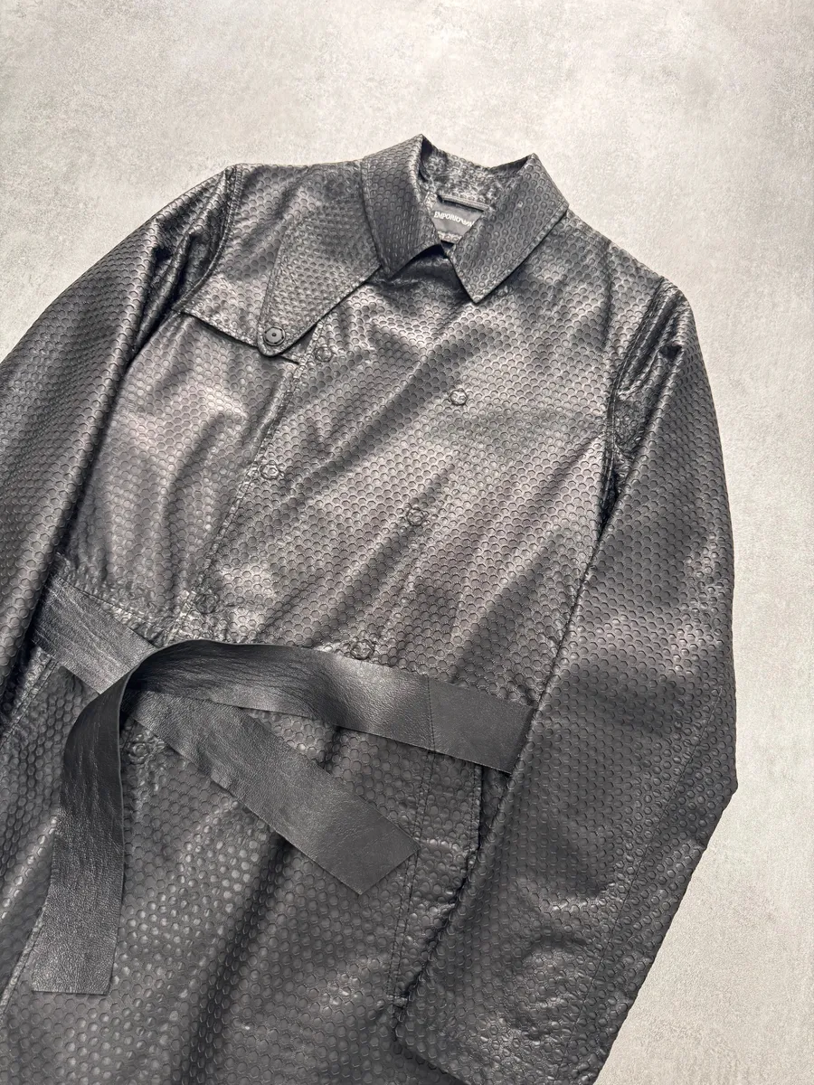FW2013 Emporio Armani Honeycomb Black Leather Trench Coat - Image 2
