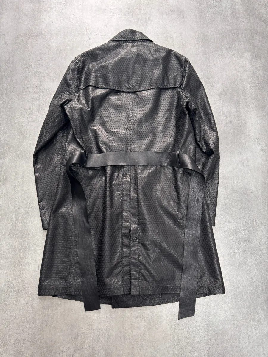 FW2013 Emporio Armani Honeycomb Black Leather Trench Coat - Image 3