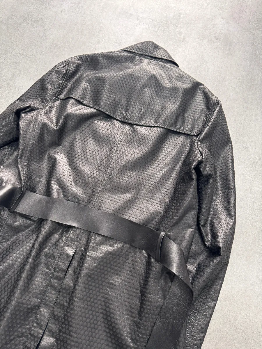 FW2013 Emporio Armani Honeycomb Black Leather Trench Coat - Image 4