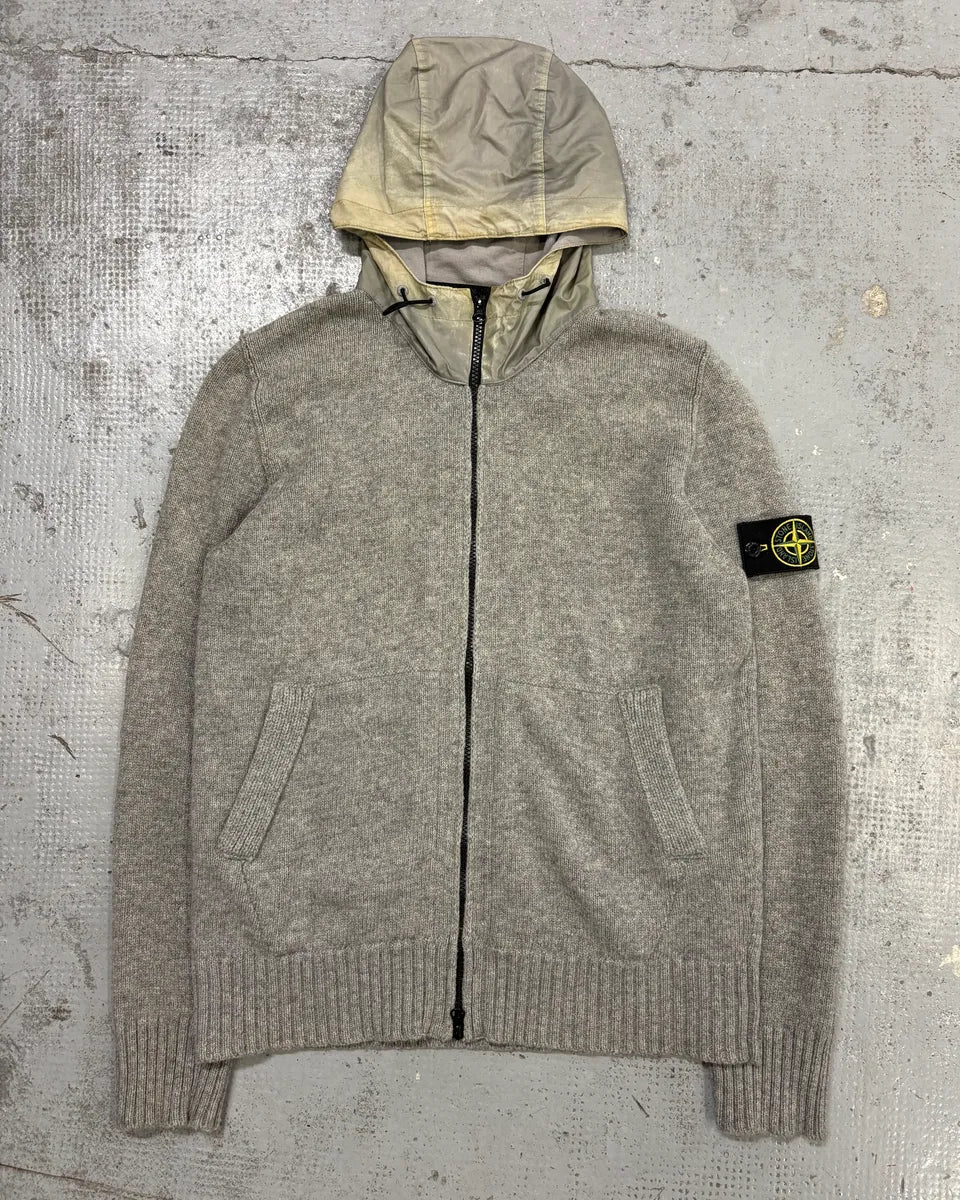 FW2013 Stone Island Grey Wool Compass Patch Zip-up Hoodie