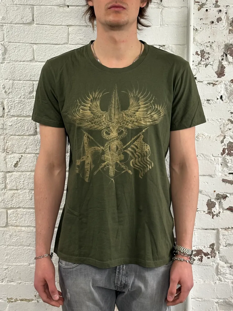 FW2014 Balmain Olive Winged Eagle T-Shirt - Image 2