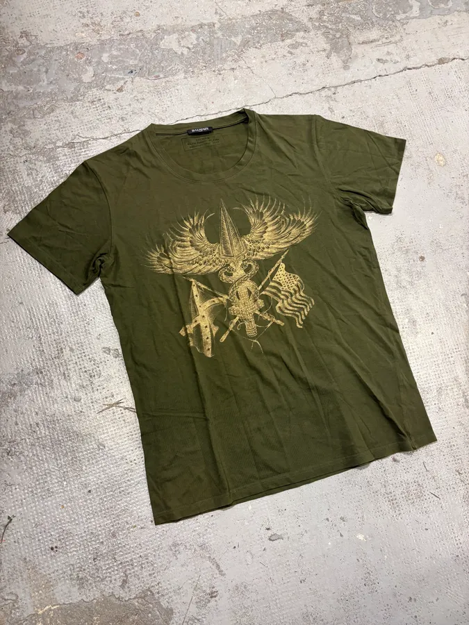 FW2014 Balmain Olive Winged Eagle T-Shirt - Image 4