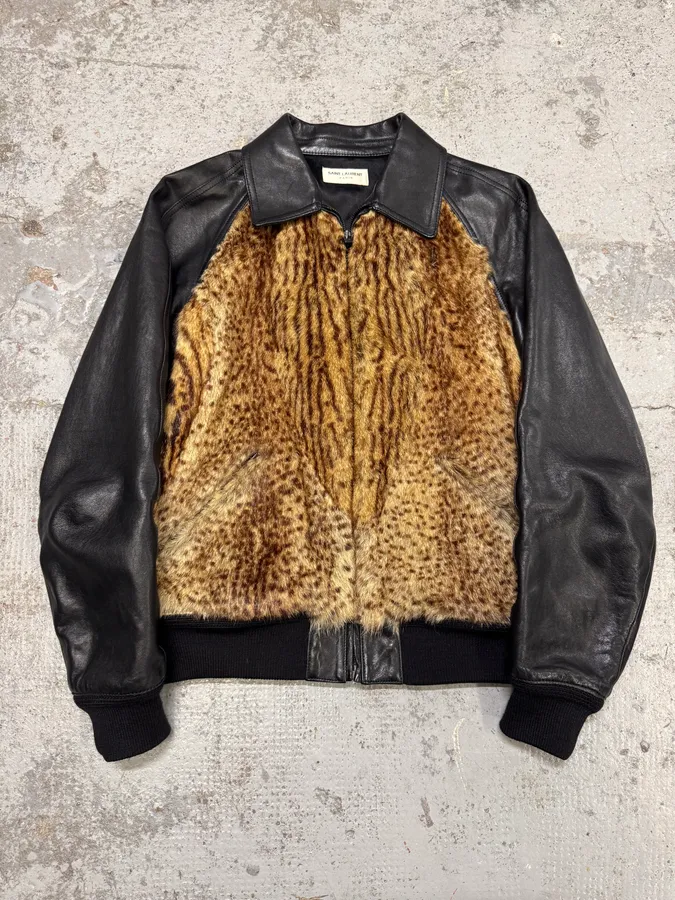 FW2014 Saint Laurent Sample Black Leather Marmot Fur Bomber Jacket by Hedi Slimane