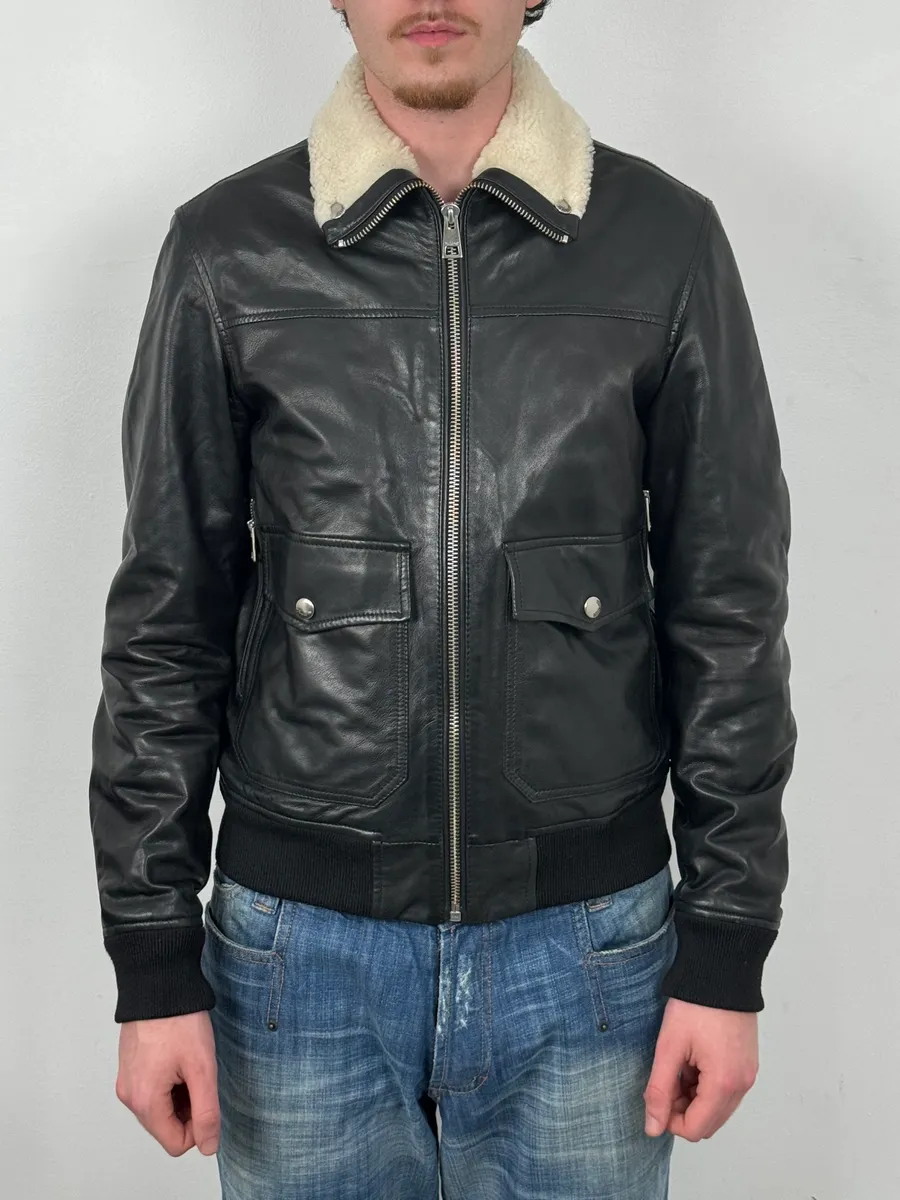 FW2015 Cavalli Black Leather Shearling Collar Jacket