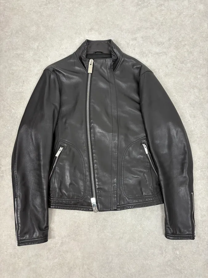 FW2015 Emporio Armani Biker Black Leather Asymmetrical Zip Jacket