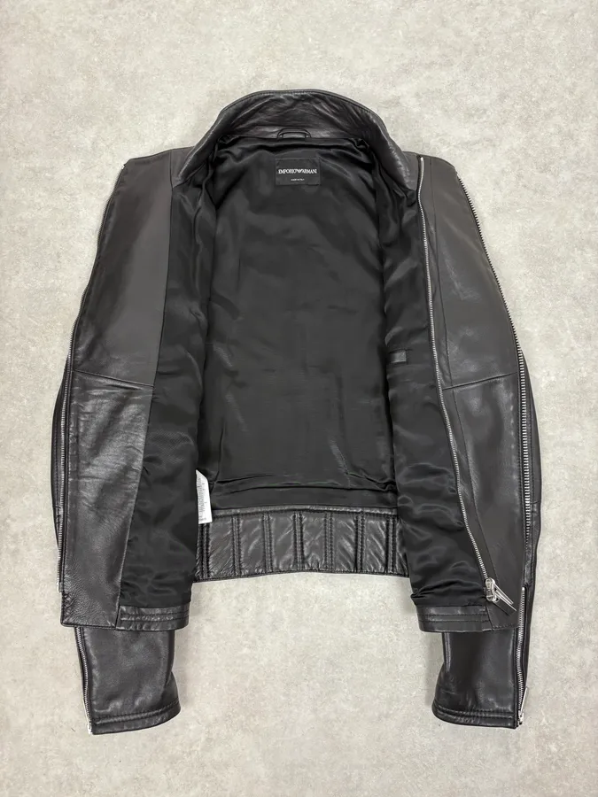 FW2015 Emporio Armani Biker Black Leather Asymmetrical Zip Jacket - Image 7