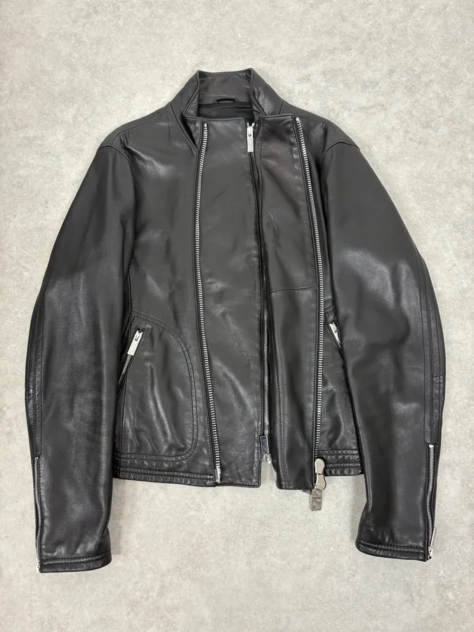 FW2015 Emporio Armani Biker Black Leather Asymmetrical Zip Jacket - Image 8