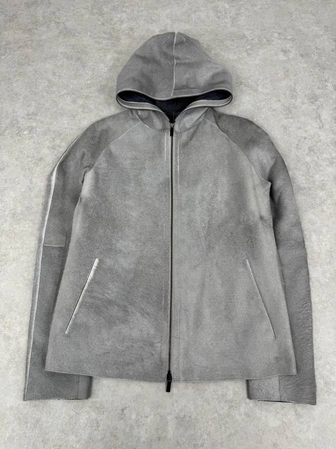 FW2016 Emporio Armani Grey Silver Pony Hair Hooded Leather Jacket - Image 5