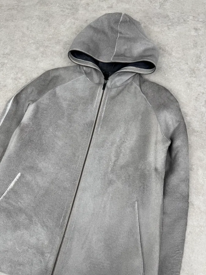 FW2016 Emporio Armani Grey Silver Pony Hair Hooded Leather Jacket - Image 7