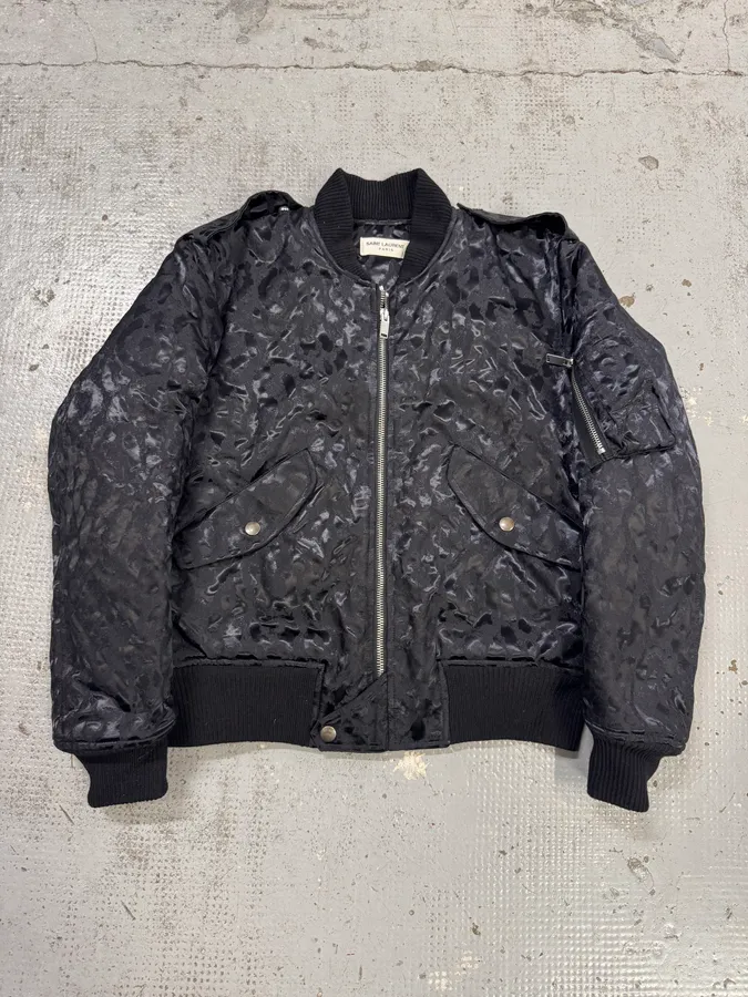 FW2016 Saint Laurent Black Bomber Nylon Leopard Print Jacket