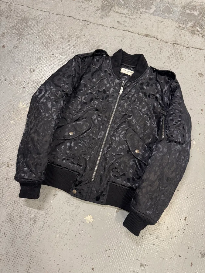 FW2016 Saint Laurent Black Bomber Nylon Leopard Print Jacket - Image 3