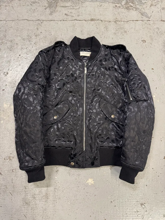 FW2016 Saint Laurent Black Bomber Nylon Leopard Print Jacket - Image 7