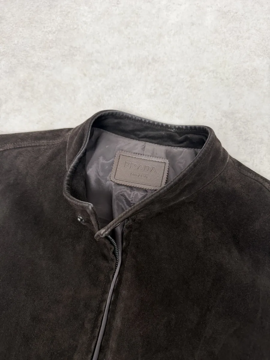 FW2017 Prada Brown Pure Minimalist Suede Biker Leather Jacket - Image 9