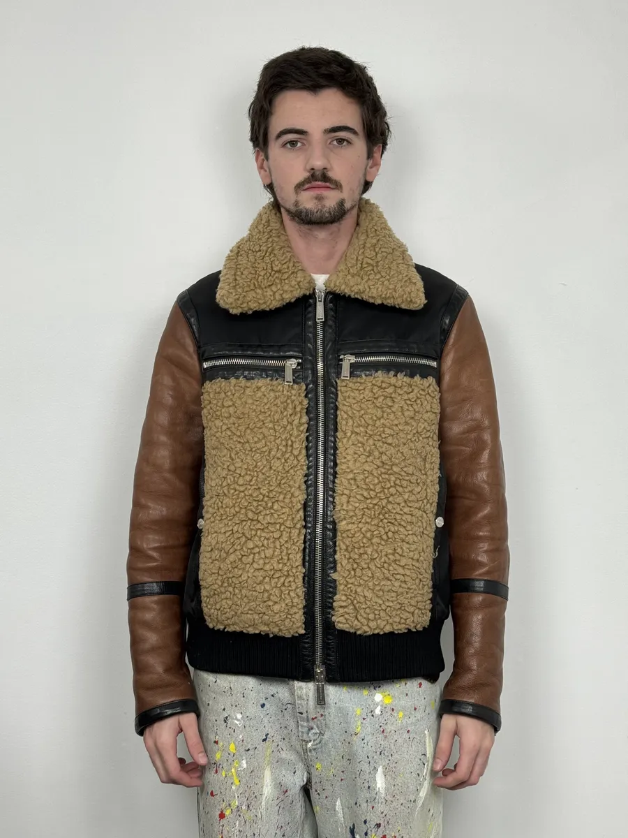 FW2018 Dsquared2 Brown & Black Beige Shearling Leather Alpha Jacket - Image 4