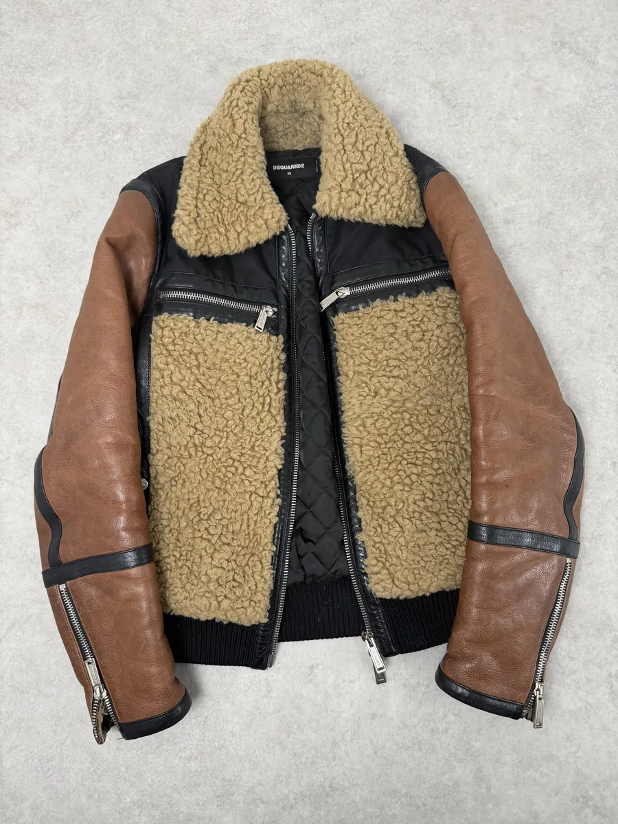 FW2018 Dsquared2 Brown & Black Beige Shearling Leather Alpha Jacket - Image 6