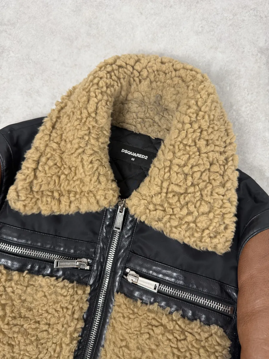 FW2018 Dsquared2 Brown & Black Beige Shearling Leather Alpha Jacket - Image 7
