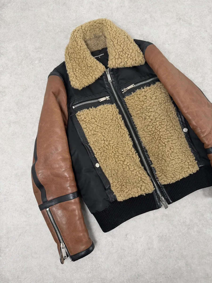 FW2018 Dsquared2 Brown & Black Beige Shearling Leather Alpha Jacket - Image 8