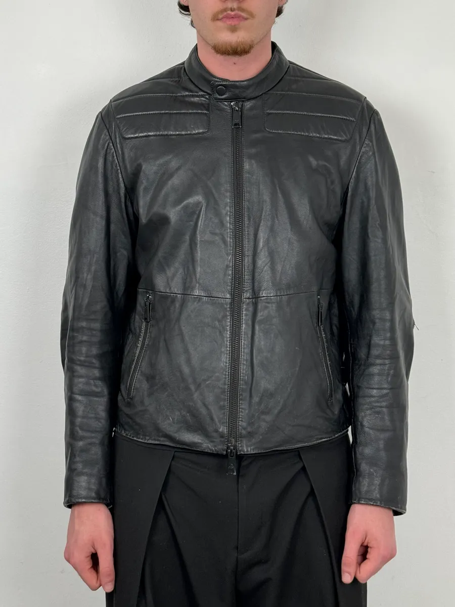 FW2018 Emporio Armani Biker Padded Black Leather Jacket - Image 2