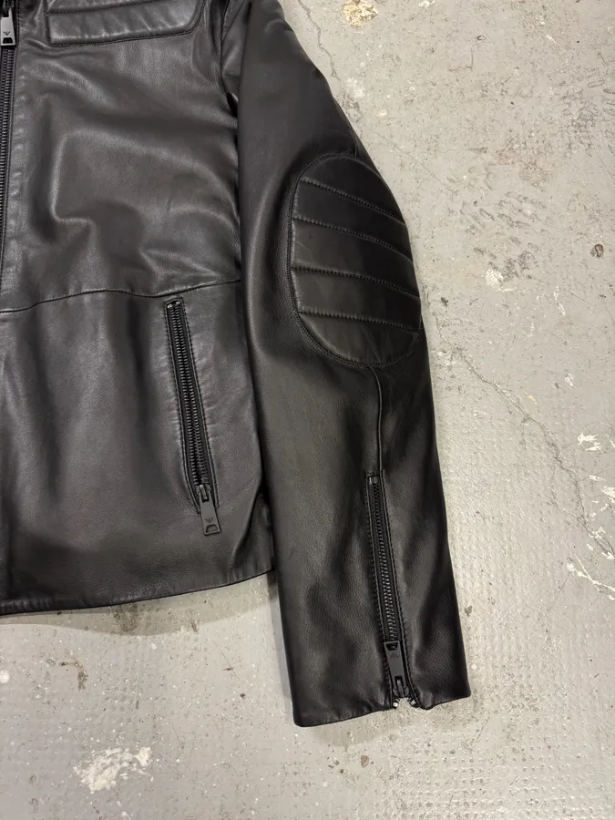 FW2018 Emporio Armani Biker Padded Black Leather Jacket - Image 7