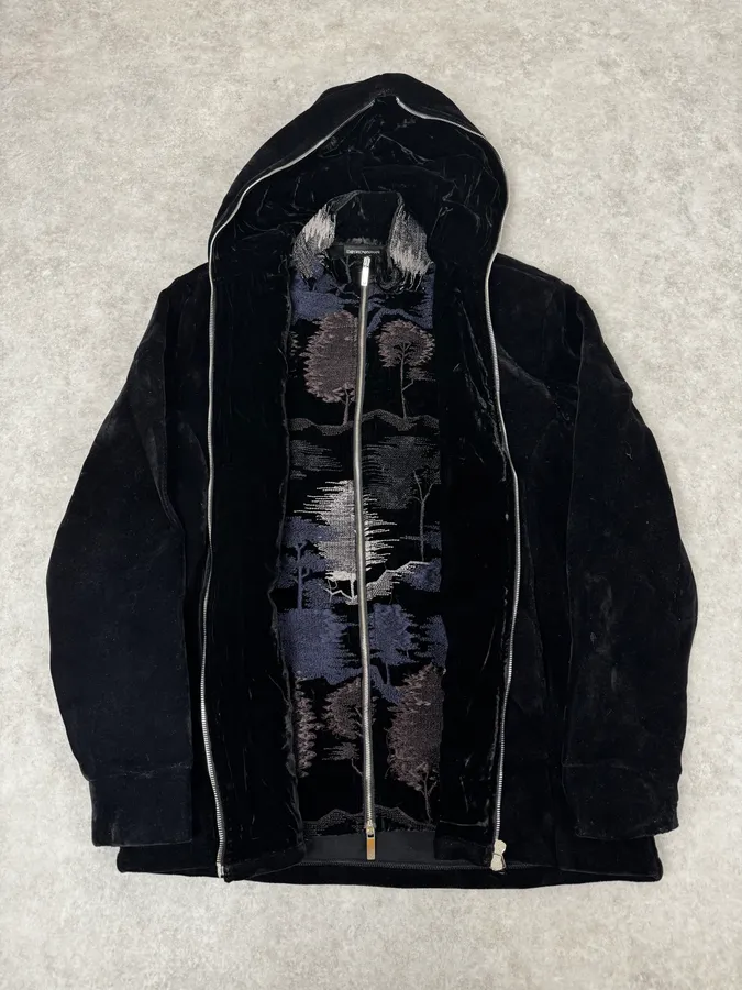 FW2018 Emporio Armani Layered Black Floral Hooded Jacket - Image 2