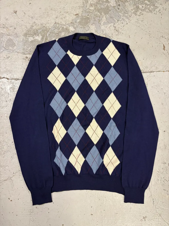 FW2018 Prada Navy Argyle Wool Sweater