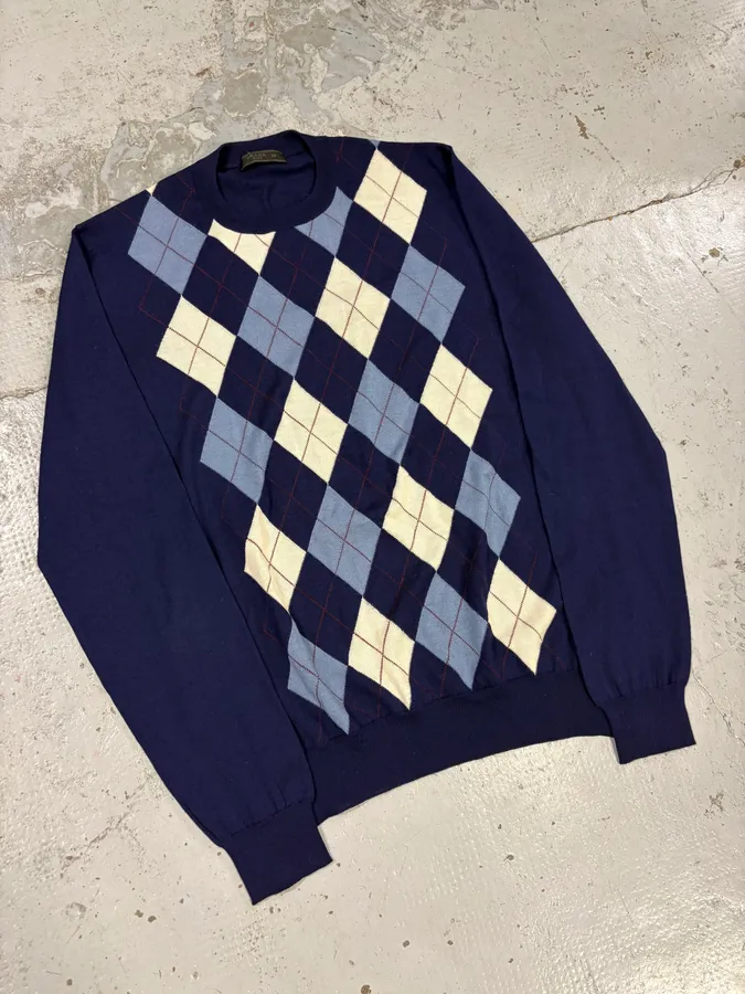 FW2018 Prada Navy Argyle Wool Sweater - Image 4