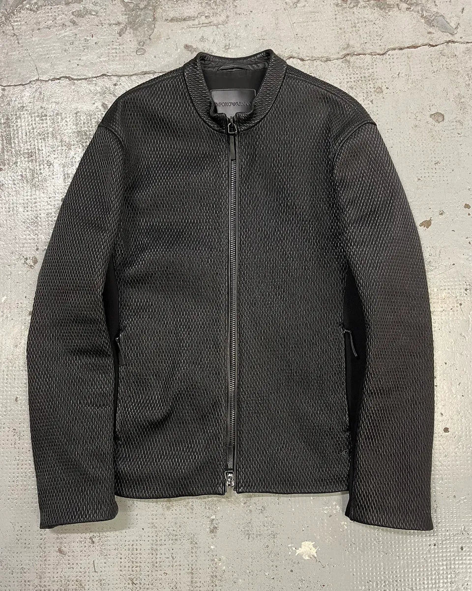 FW2019 Emporio Armani Biker Black Leather Woven Jacket