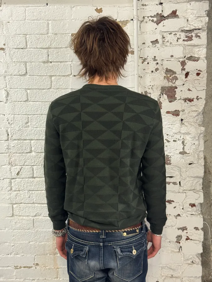 FW2019 Emporio Armani Olive Green Geometric Wool Sweater - Image 3