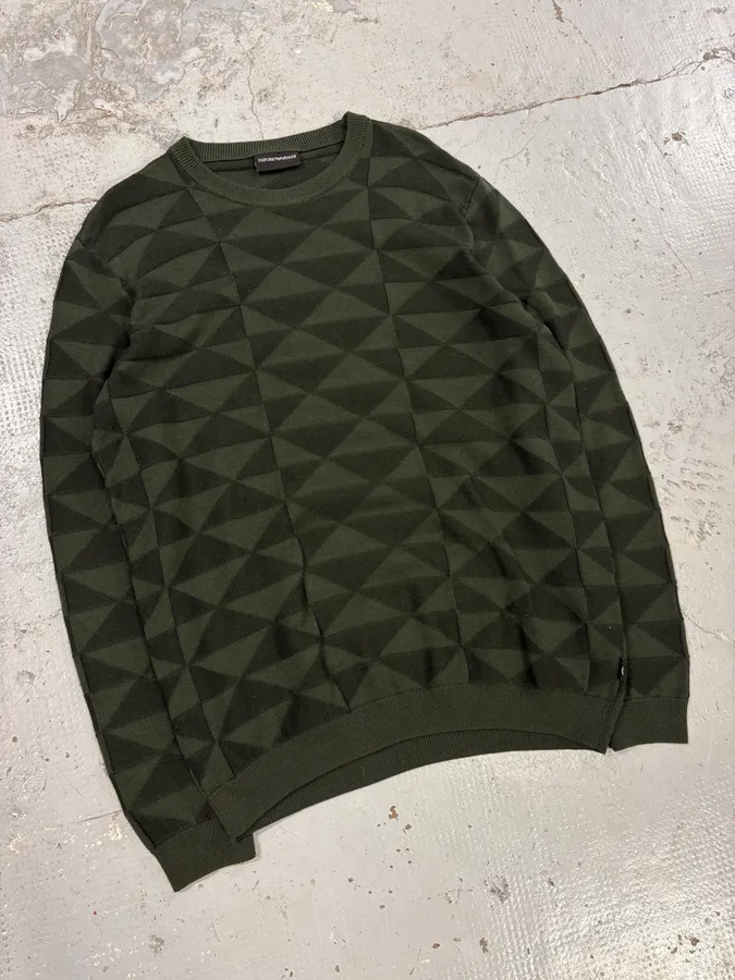 FW2019 Emporio Armani Olive Green Geometric Wool Sweater - Image 4