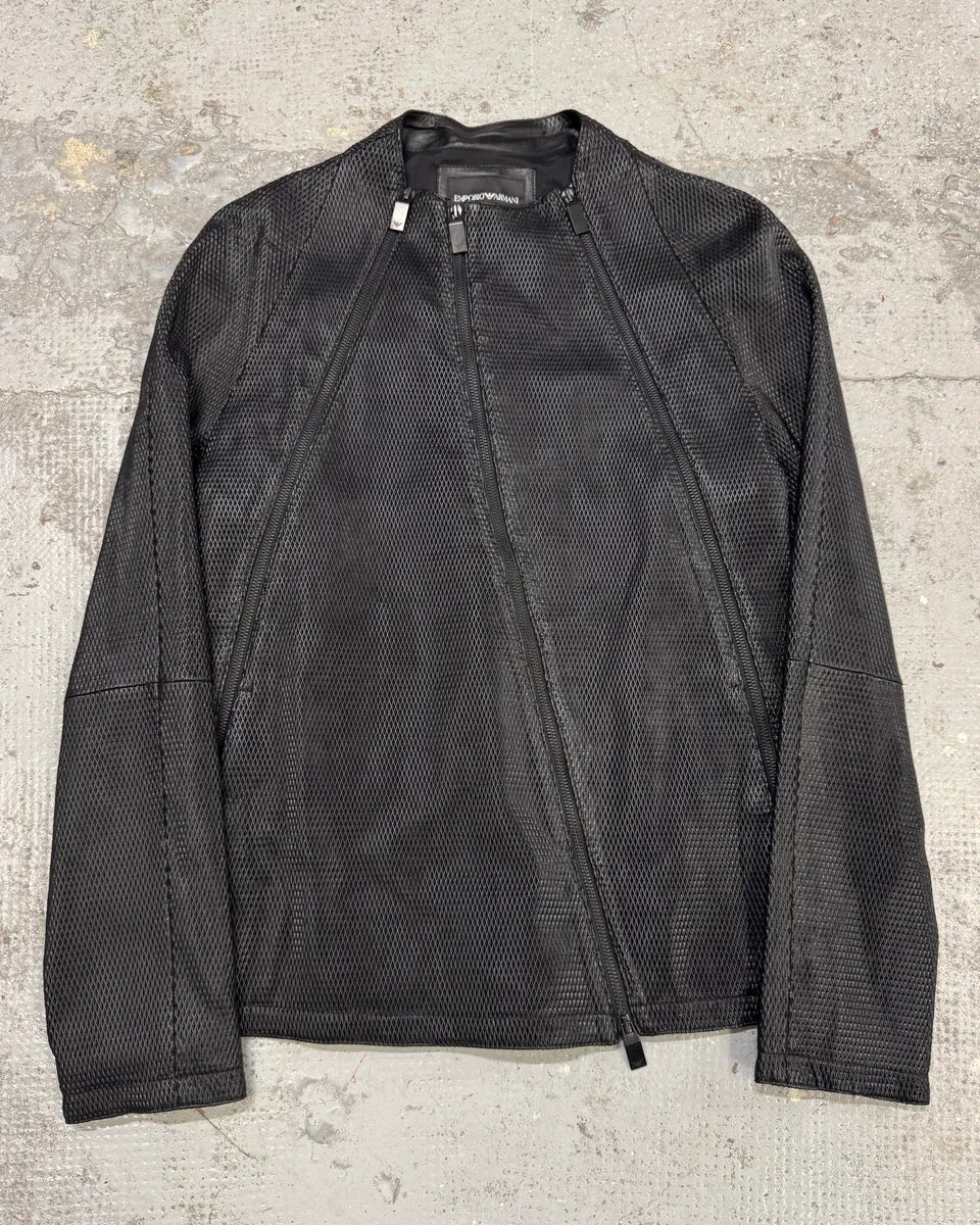 FW2019 Emporio Armani Zip Asymmetrical Black Leather Jacket
