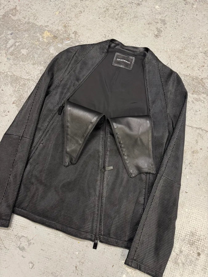 FW2019 Emporio Armani Zip Asymmetrical Black Leather Jacket - Image 3