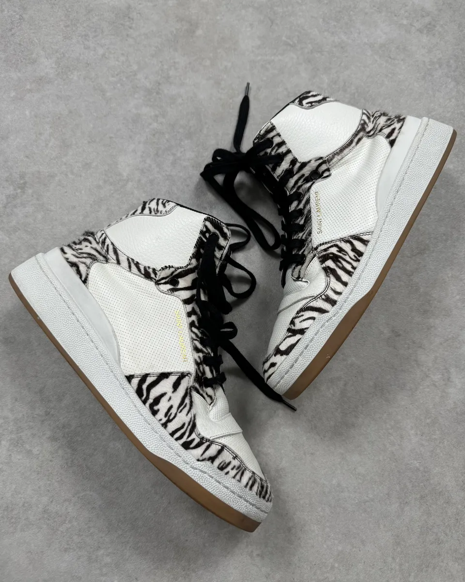 FW2023 Saint Laurent Zebra Fur White Leather High Sneakers - Image 2
