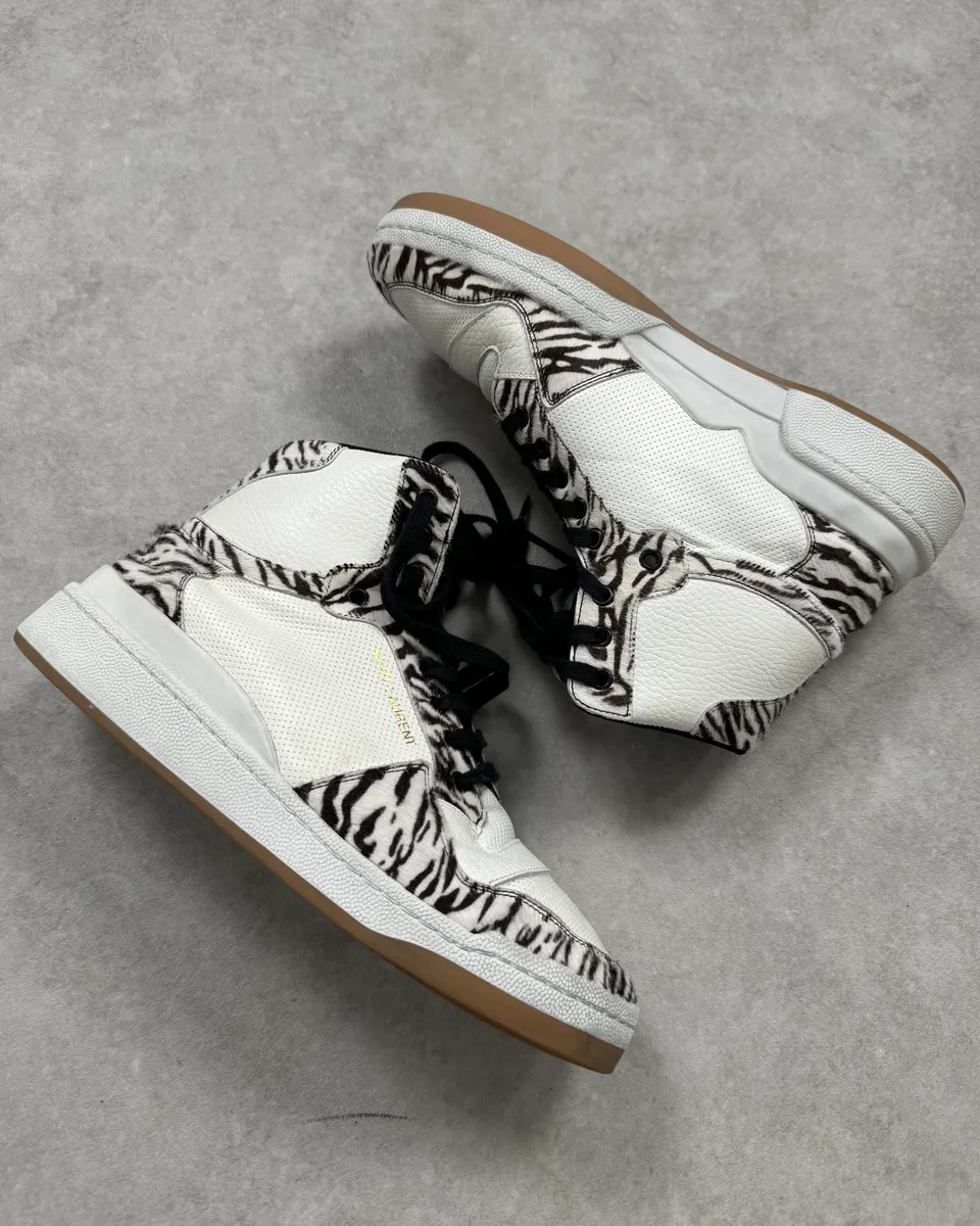 FW2023 Saint Laurent Zebra Fur White Leather High Sneakers - Image 4