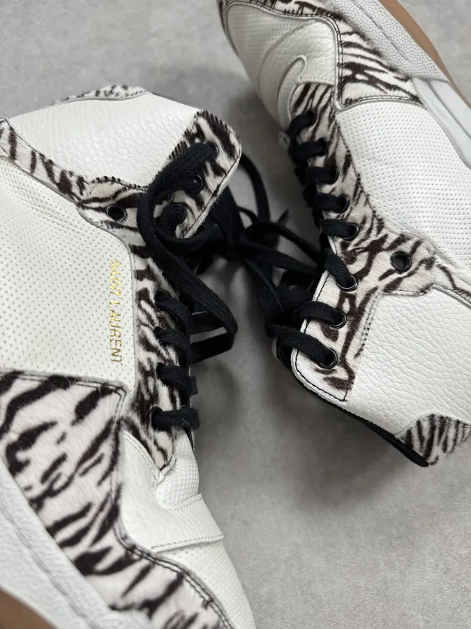 FW2023 Saint Laurent Zebra Fur White Leather High Sneakers - Image 5