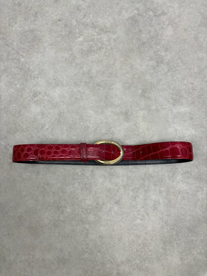 Gianfranco Ferré Red Crocodile Effect Leather Belt Gold Buckle - Image 3