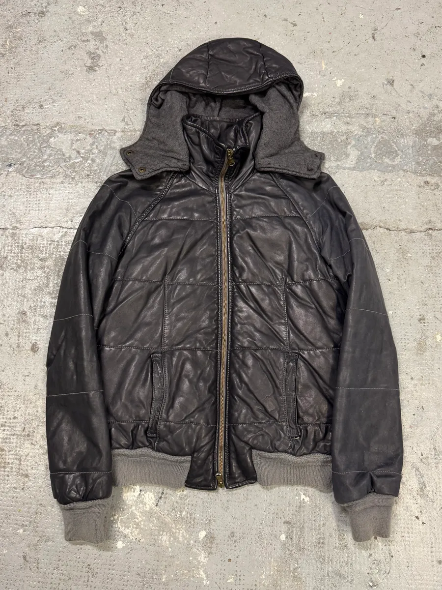 Giorgio Brato Grey Leather Puffer Hooded Jacket - Image 3